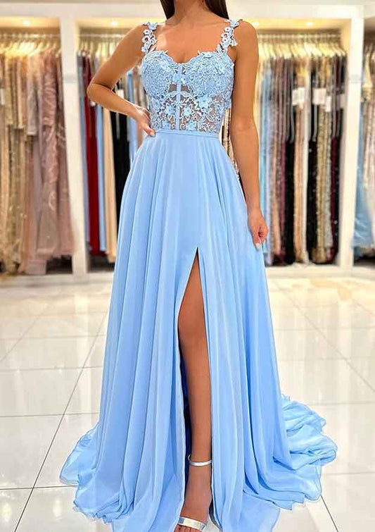 Light Blue Chiffon Elegant A-line Spaghetti Strap Sweetheart Sleeveless With Lace Appliqued Ruched Split Hot Sale Long Prom Dress