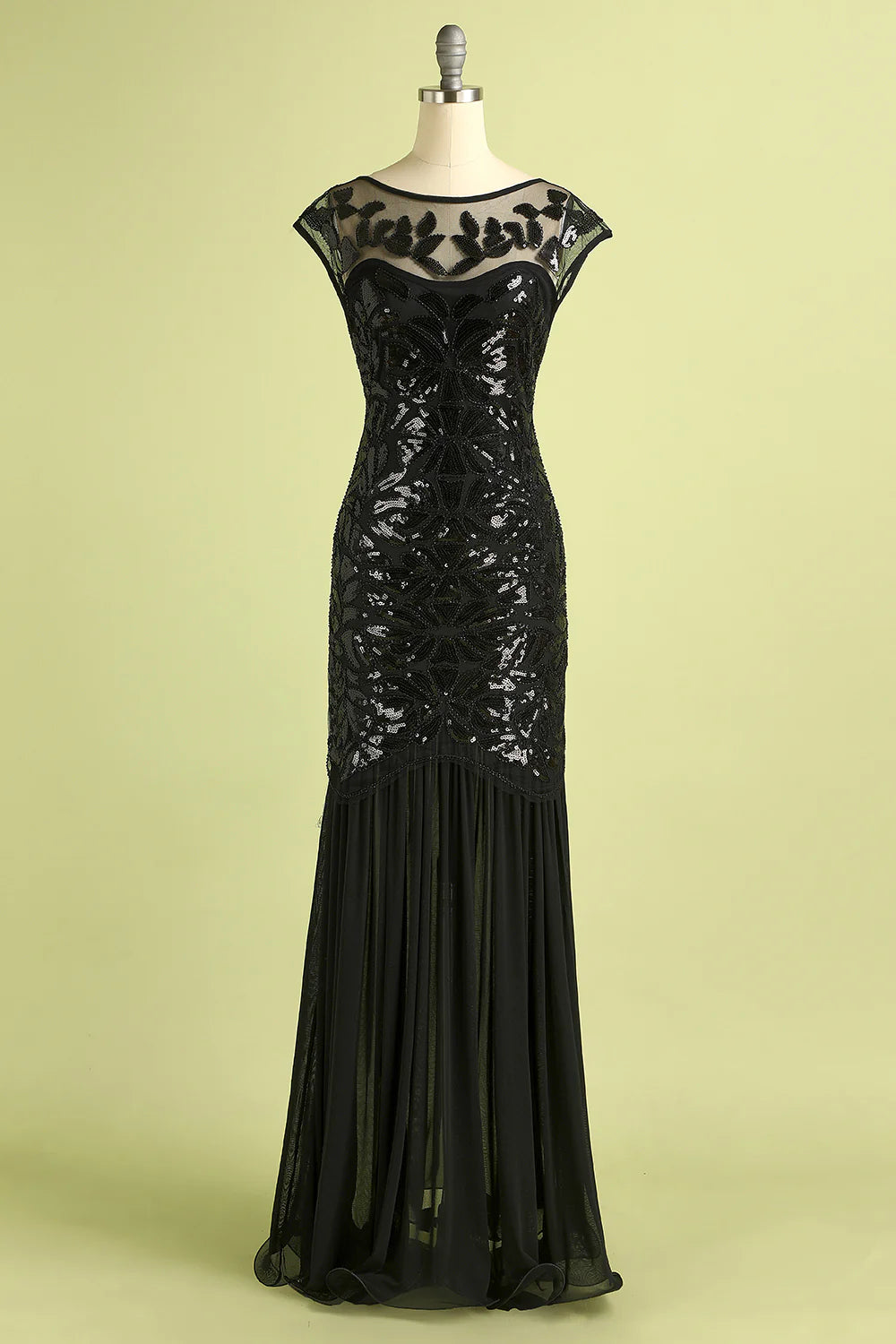 Vestido estilo flapper negro con lentejuelas de los años 20 