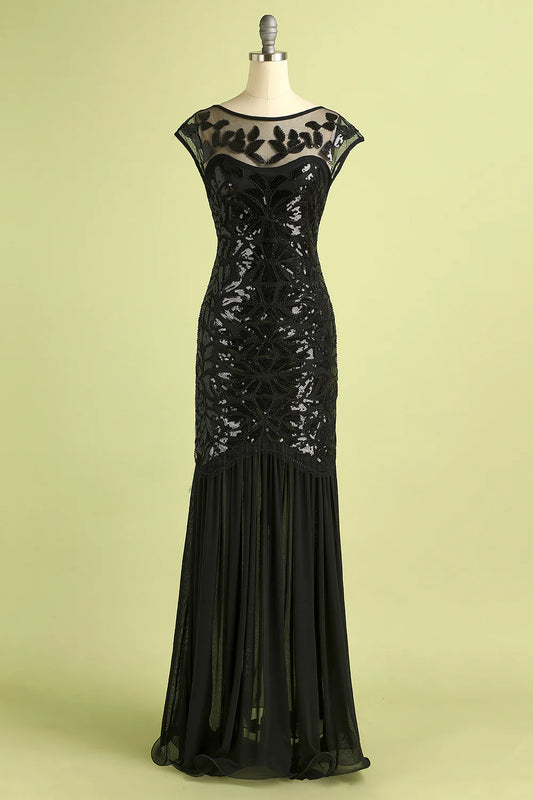 Vestido estilo flapper negro con lentejuelas de los años 20 