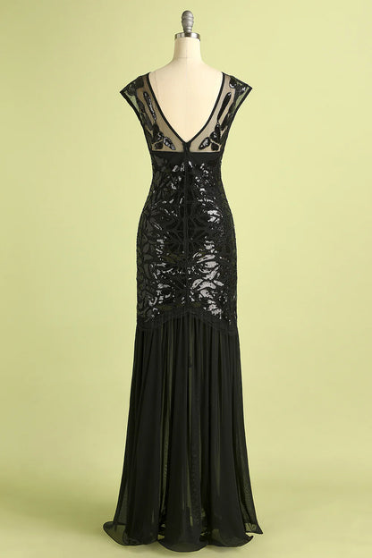 Vestido estilo flapper negro con lentejuelas de los años 20 