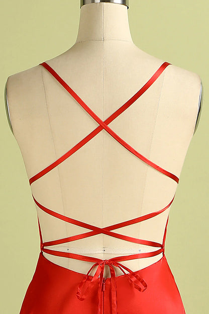 Vestido de dama de honor de satén rojo sin espalda para fiesta de graduación 