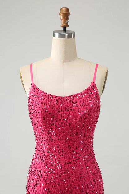 Amzcw Sparkly Fuchsia Bodycon Spaghetti Straps Sequin Short Homecoming Dress with Tassels