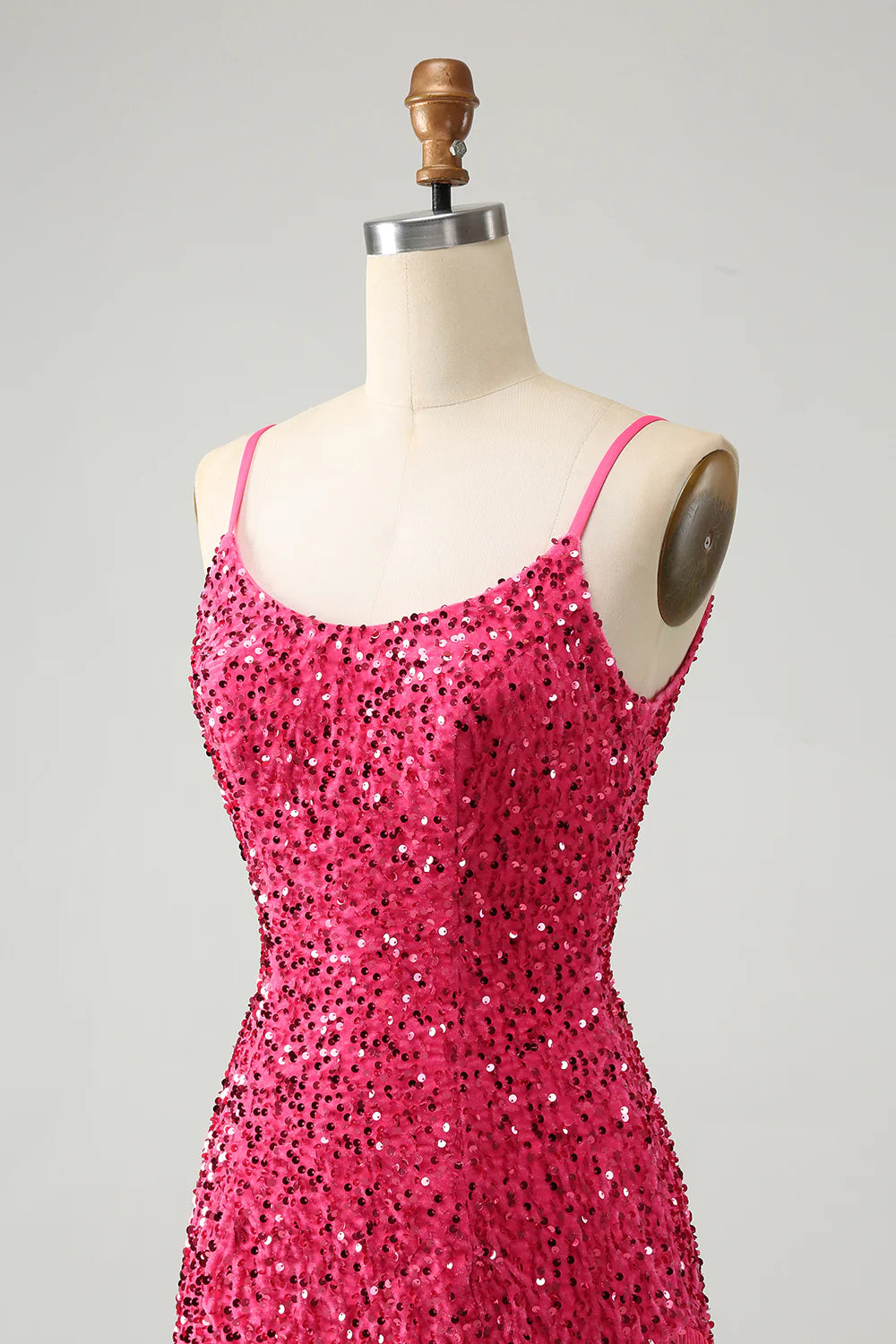 Amzcw Sparkly Fuchsia Bodycon Spaghetti Straps Sequin Short Homecoming Dress with Tassels