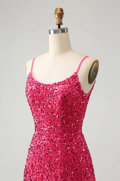 Amzcw Sparkly Fuchsia Bodycon Spaghetti Straps Sequin Short Homecoming Dress with Tassels