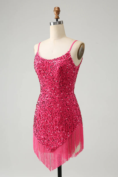 Amzcw Sparkly Fuchsia Bodycon Spaghetti Straps Sequin Short Homecoming Dress with Tassels