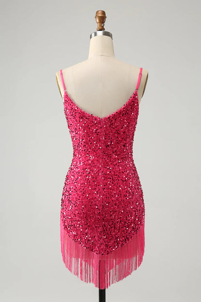 Amzcw Sparkly Fuchsia Bodycon Spaghetti Straps Sequin Short Homecoming Dress with Tassels