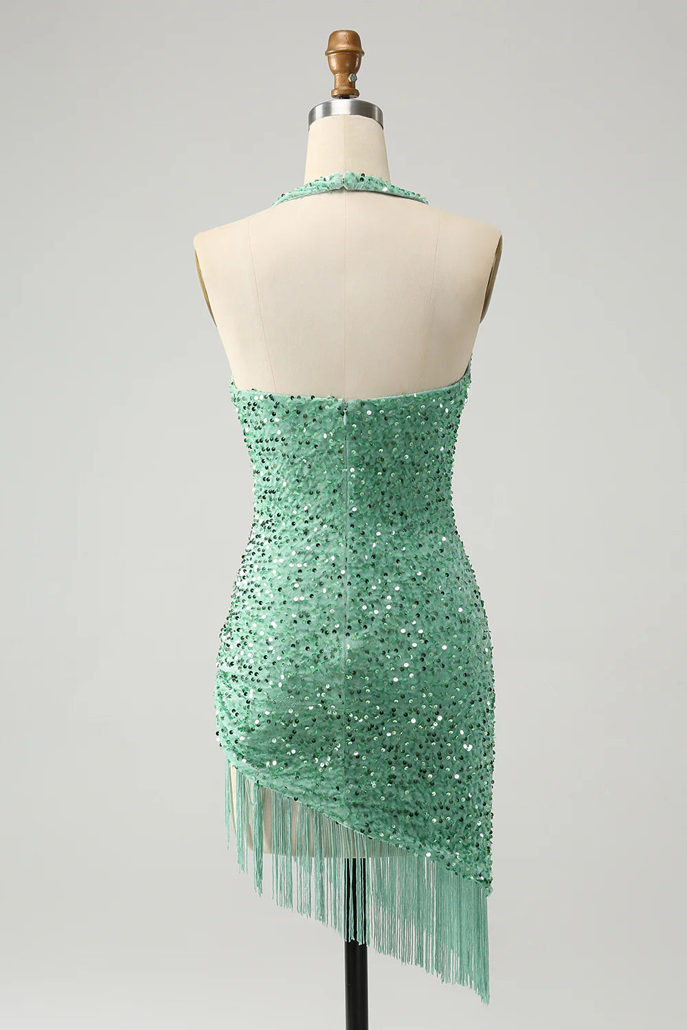 Amzcw Glitter Sage Bodycon Halter Sequin Short Homecoming Dress with Tassels