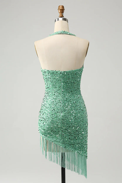 Amzcw Glitter Sage Bodycon Halter Sequin Short Homecoming Dress with Tassels