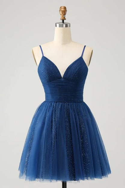 Amzcw Glitter Navy A Line Spaghetti Straps Pleated Tulle Short Homecoming Dress with Sequins