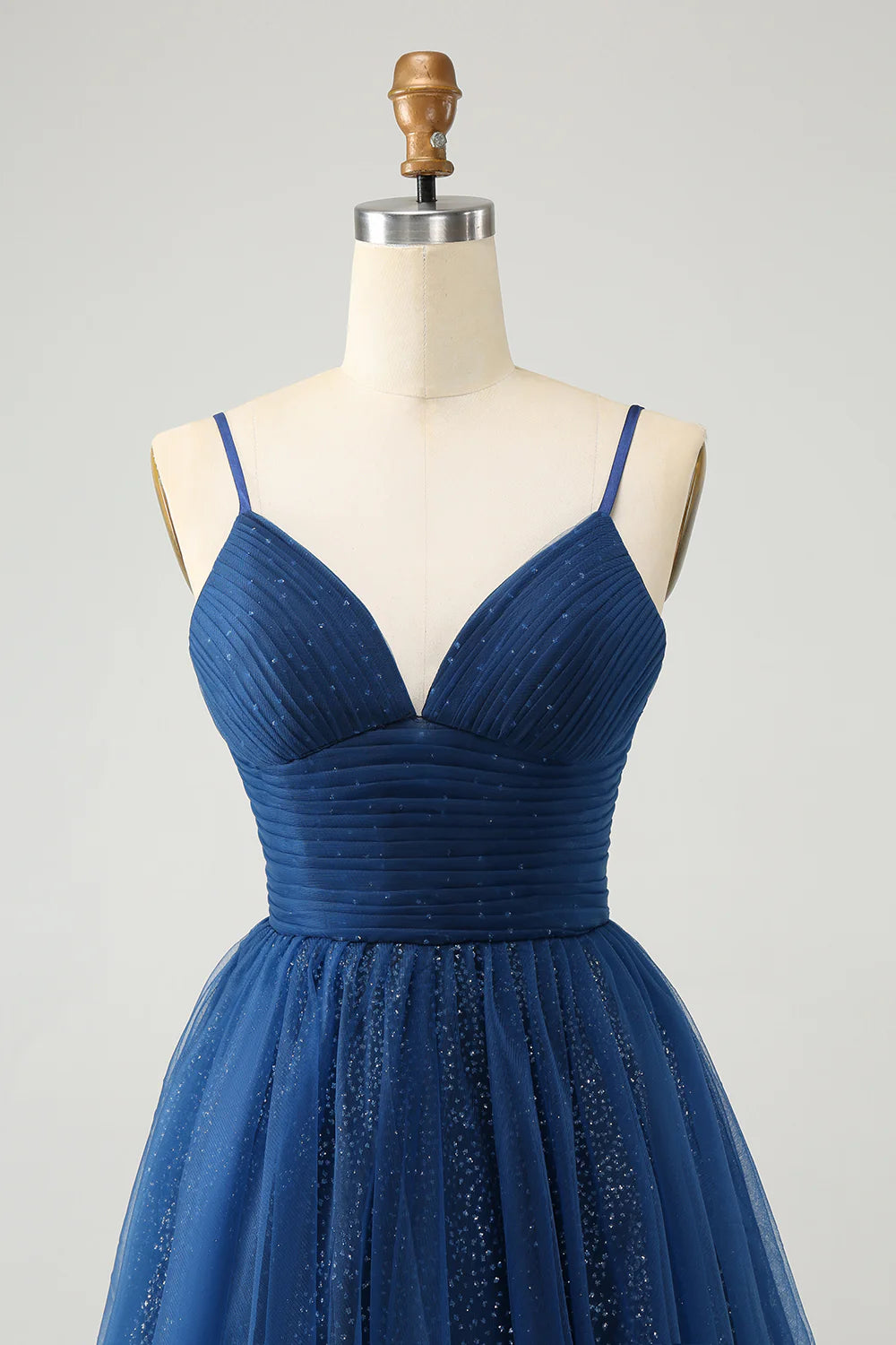 Amzcw Glitter Navy A Line Spaghetti Straps Pleated Tulle Short Homecoming Dress with Sequins