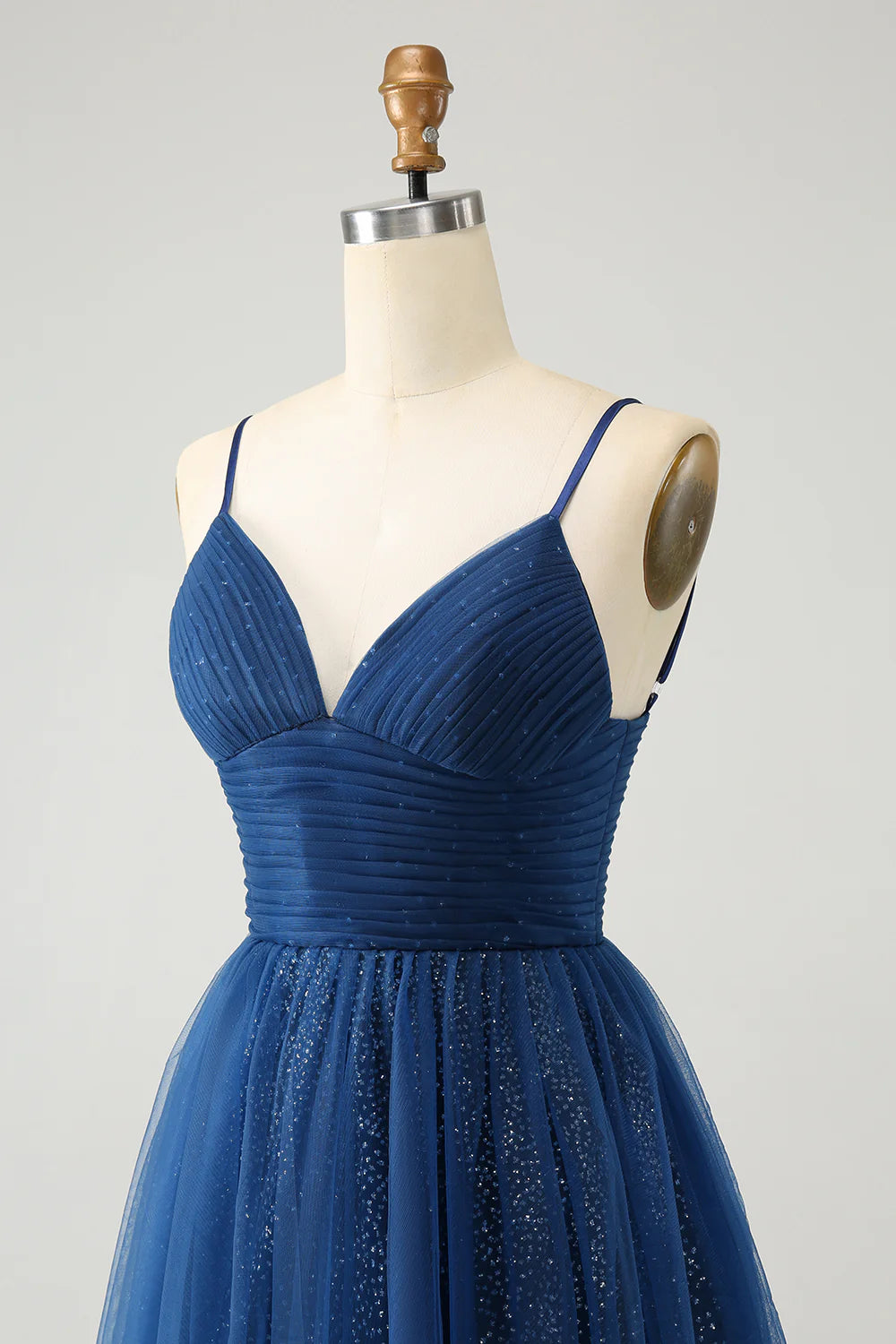 Amzcw Glitter Navy A Line Spaghetti Straps Pleated Tulle Short Homecoming Dress with Sequins
