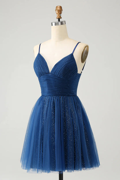 Amzcw Glitter Navy A Line Spaghetti Straps Pleated Tulle Short Homecoming Dress with Sequins