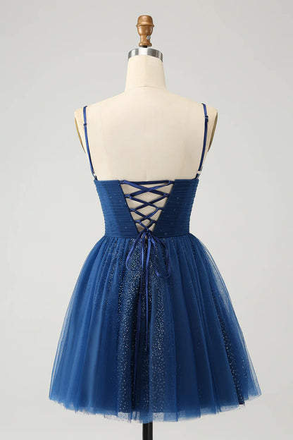 Amzcw Glitter Navy A Line Spaghetti Straps Pleated Tulle Short Homecoming Dress with Sequins