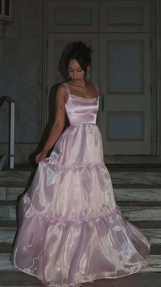 Stylish Pink A Line Spaghetti Straps Sleeveless with Lace Ruffles Backless Sparkle Cheap Long Prom Dress