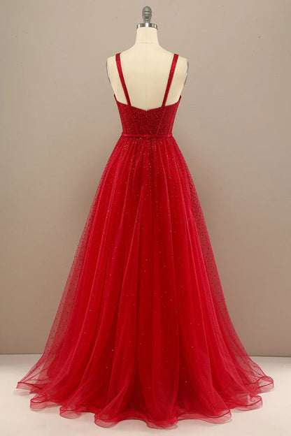 Amzcw Red A Line Sweetheart Tulle Long Prom Dress with Beading