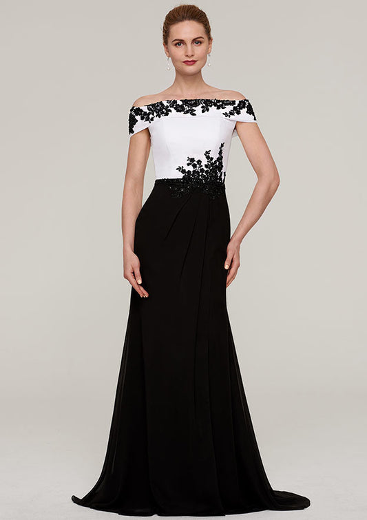 Wedding Guest Dresses Black White Chiffon Elegant A-line Off-the-Shoulder Sleeveless With Split Beading Lace Appliqued Sweep Train Hot Sale Mother of the Bride Dress