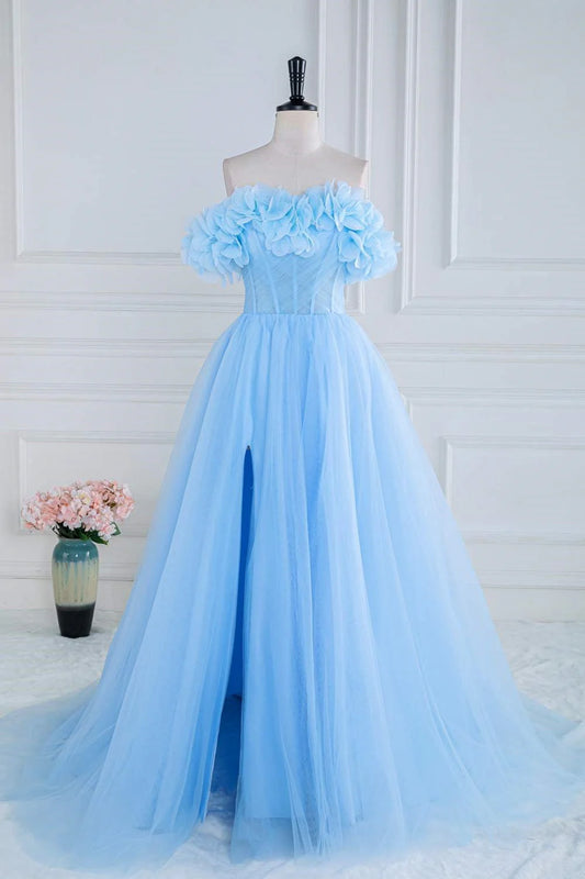 Vestidos de fiesta de tul con hombros descubiertos, corte en A y abertura con flores 