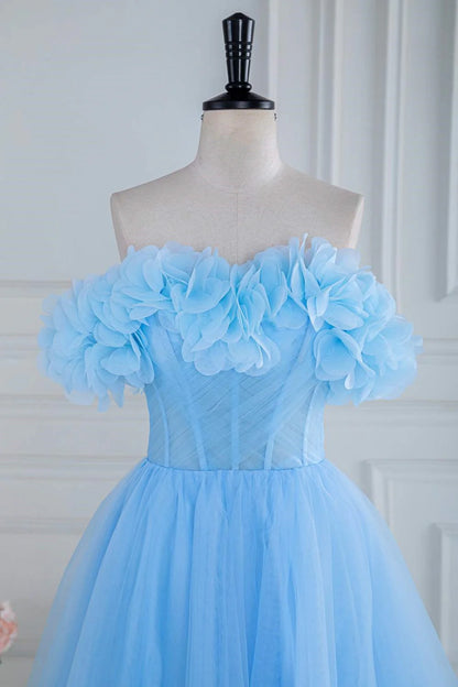 Vestidos de fiesta de tul con hombros descubiertos, corte en A y abertura con flores 