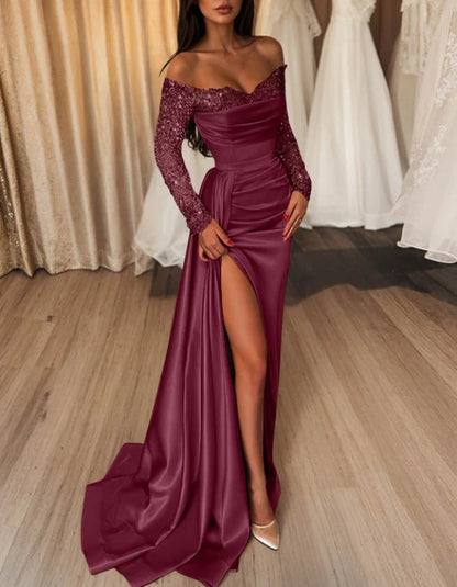 Sheath/Column Off-The-Shoulder Floor-Length Long Prom Dresses With Split Side & Sequins