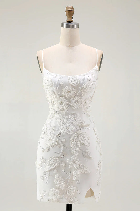 Luxury Short Dress Sparkly White Tight Spaghetti Strap Sleeveless 3D Floral with Beading Side Fork Backless Bargain Homecoming Dress