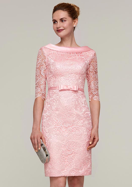 Wedding Guest Dresses Coral Lace Elegant Sheath Bateau Half Sleeve With Waistband Bowknot V Back Knee-Length Hot Sale Mother of the Bride Dress
