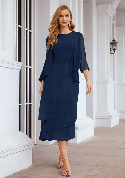 Navy Blue Chiffon Elegant A-line Bateau Pleated With 3/4 Long Sleeve Jacket Two-Piece Layering Ruffles Tea-Length Hot Sale Mother of the Bride Dress
