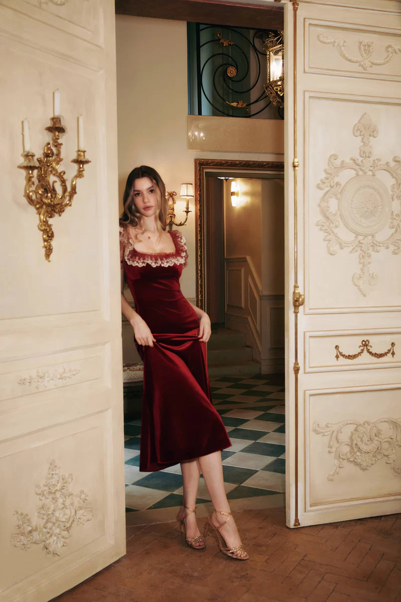 Burgundy Velvet Midi Dresses with Square Neck Sheer Tulle Bodice Lace Trimmed Puff Sleeves and Flared Midi Skirt