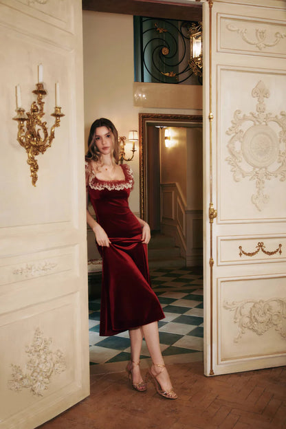 Burgundy Velvet Midi Dresses with Square Neck Sheer Tulle Bodice Lace Trimmed Puff Sleeves and Flared Midi Skirt