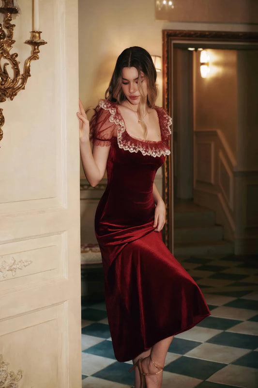 Burgundy Velvet Midi Dresses with Square Neck Sheer Tulle Bodice Lace Trimmed Puff Sleeves and Flared Midi Skirt