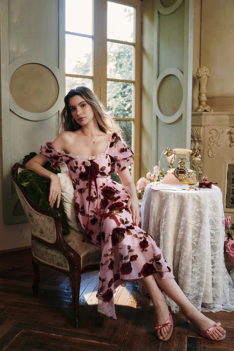 Pink Chiffon Midi Dresses with Square Neck Off Shoulder Two Way Wear Velvet Rose Print Lace Trim Puff Sleeves and Smocked Back