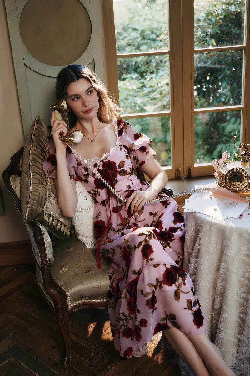 Pink Chiffon Midi Dresses with Square Neck Off Shoulder Two Way Wear Velvet Rose Print Lace Trim Puff Sleeves and Smocked Back