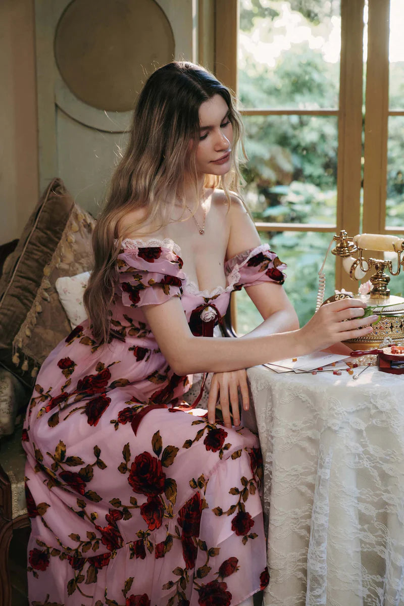 Pink Chiffon Midi Dresses with Square Neck Off Shoulder Two Way Wear Velvet Rose Print Lace Trim Puff Sleeves and Smocked Back