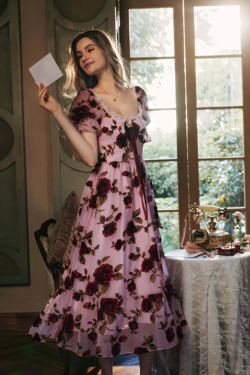 Pink Chiffon Midi Dresses with Square Neck Off Shoulder Two Way Wear Velvet Rose Print Lace Trim Puff Sleeves and Smocked Back