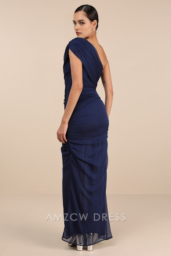 Amzcw Elegante vestido formal azul marino ajustado, plisado, con un solo hombro y abertura en el suelo, falda larga