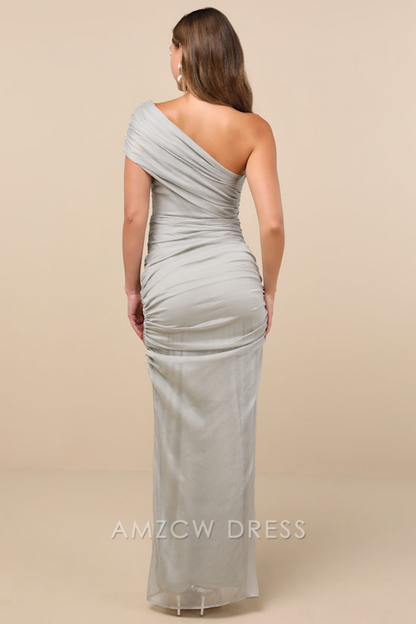 Vestido largo elegante Amzcw ajustado con un solo hombro fruncido en color salvia claro, vestidos formales