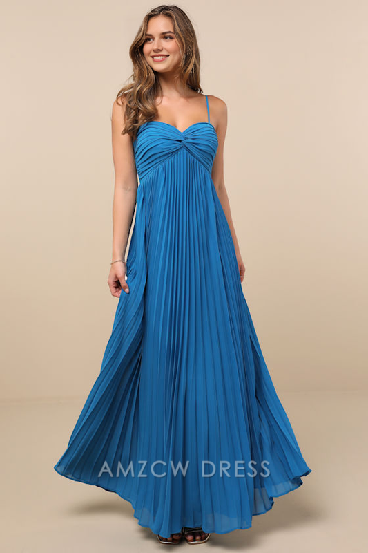 Vestido largo elegante azul plisado con nudo frontal de Amzcw, vestidos formales