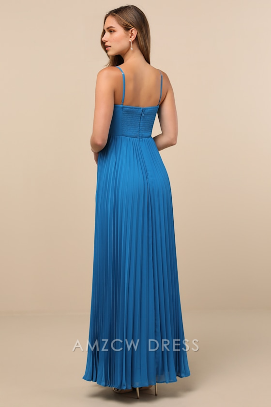 Vestido largo elegante azul plisado con nudo frontal de Amzcw, vestidos formales