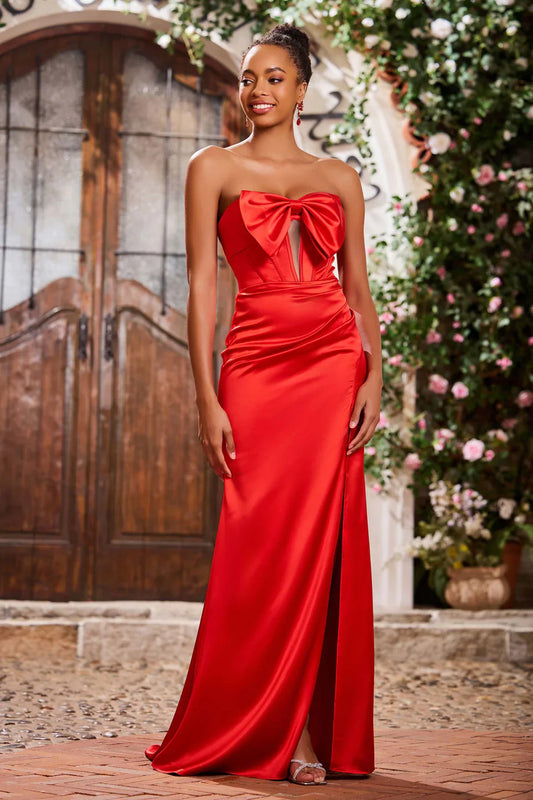 Exquisite Red Satin Sheath Strapless Bowknot Sweetheart Sleeveless Hollow-Out Pleated With Slit Backless Cheap Long Prom Dress