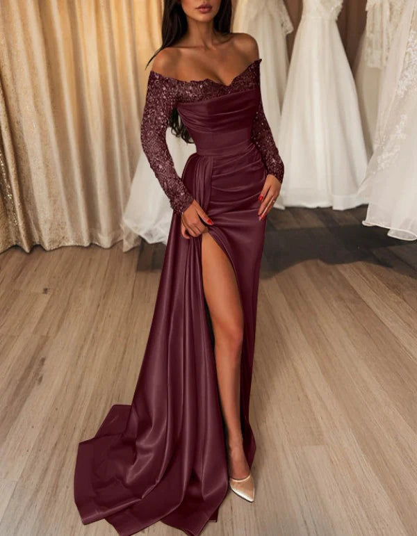 Sheath/Column Off-The-Shoulder Floor-Length Long Prom Dresses With Split Side & Sequins