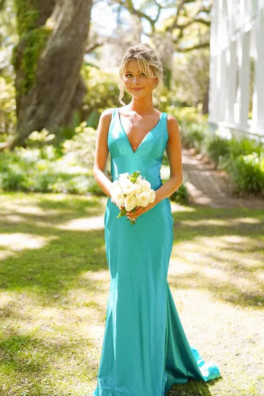 Elegant Simple Green Mermaid V Neck Sleeveless with Open Back Cheap Long Prom Dress
