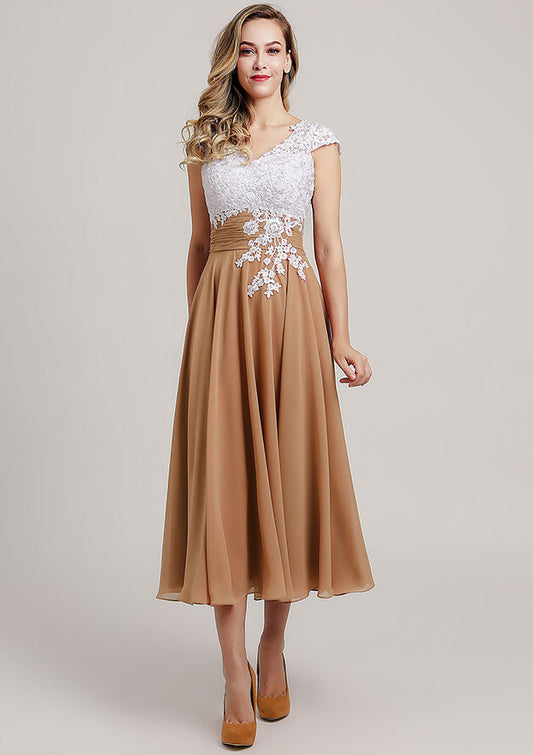 Vintage Elegant Wedding Guest Dresses Chiffon A-line V Neck Cap Sleeve With Lace Applique Ruched Tea-Length Hot Sale Mother of the Bride Dress