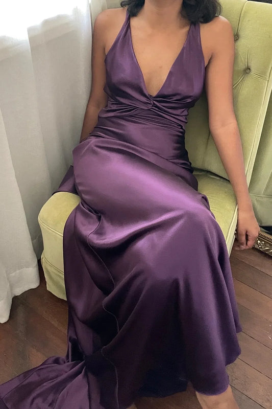 Trendy Purple Sheath Halter Neck Pleated Sleeveless Party Dress with Open Back Bowknot Cheap Long Prom Dress