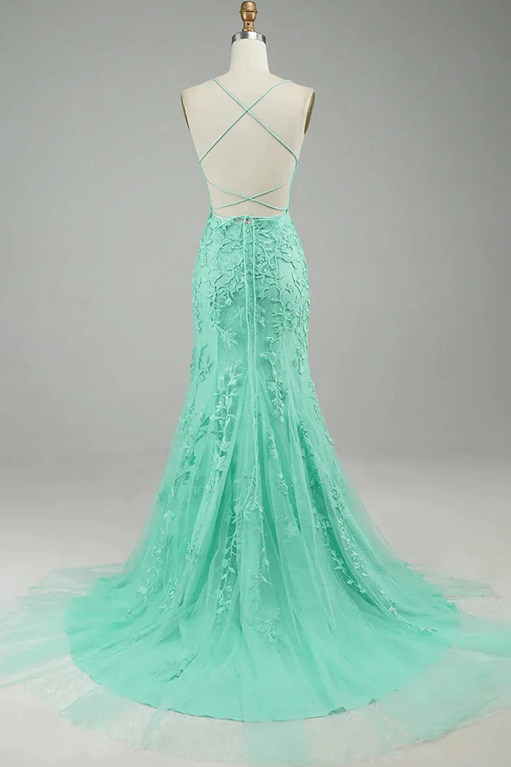 Amzcw Mint Mermaid Spaghetti Straps Long Prom Dress with Appliques long prom dresses with sleeves