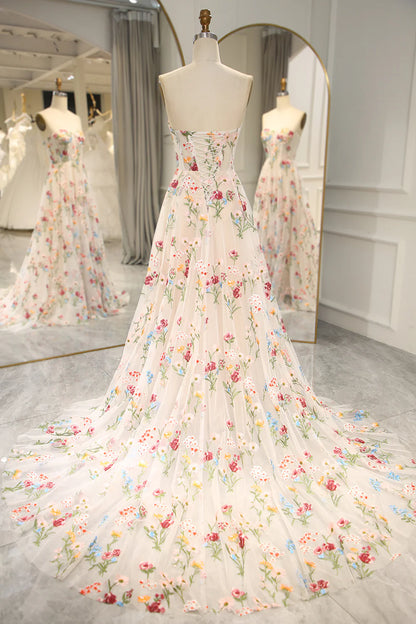 Amzcw Ivory Flower A-Line Sweetheart Long Corset Tulle Prom Dress