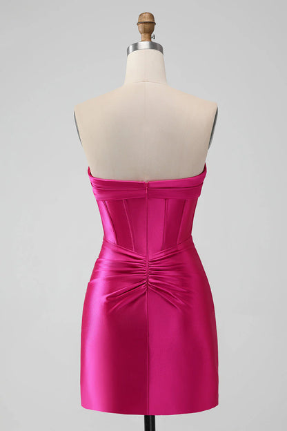 Amzcw Fuchsia Bodycon Sweetheart Pleated Corset Short Homecoming Dress