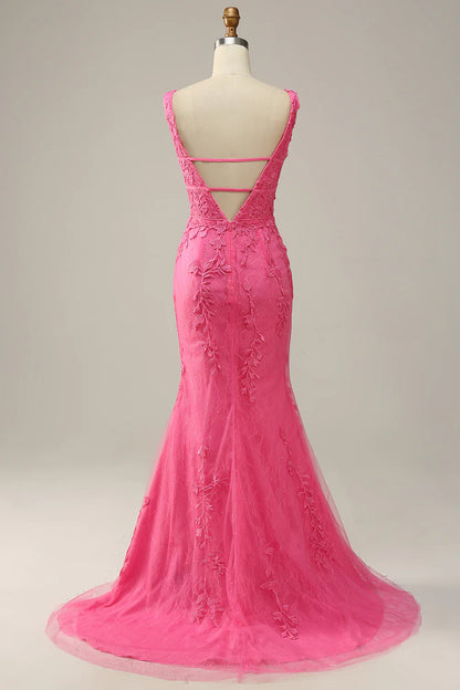 Vestido de fiesta largo rosa intenso con escote en V profundo y espalda abierta de sirena 