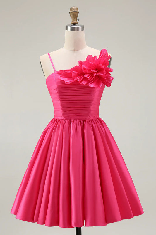 Elegant Short Dress Fuchsia Satin A Line Spaghetti Strap Sleeveless 3D Floral Ruffled Backless Bargain Homecoming Dress