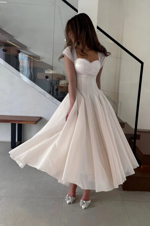 Midi Evening Dresses with Square Neck Tulle Cap Sleeve Corset Bodice and Flared Tulle Skirt