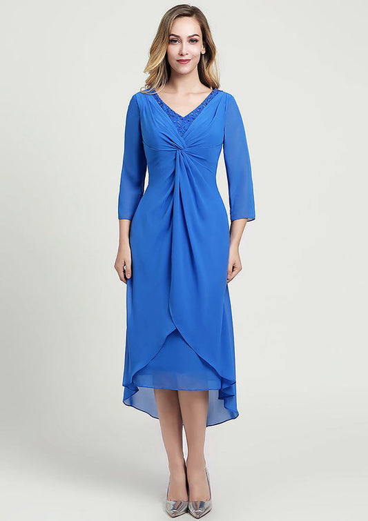 Wedding Guest Dresses Navy Blue Chiffon Elegant A-line V Neck 3/4 Sleeve With Pleated Lace Beading Asymmetrical Tea-Length Hot Sale Mother of the Bride Dress