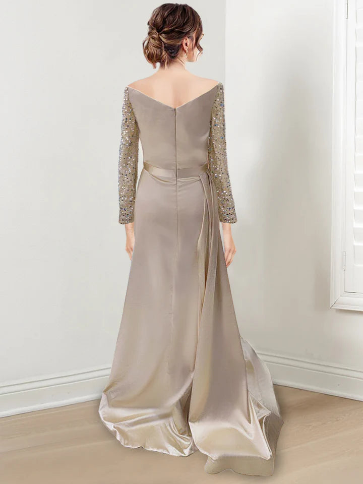 Sheath/Column Off-The-Shoulder Floor-Length Long Prom Dresses With Split Side & Sequins